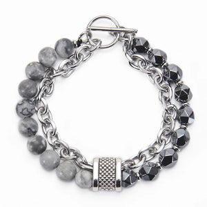 Double Layer Stone Beads Bracelet Men Map Stone Stainless Steel Chain Hematite