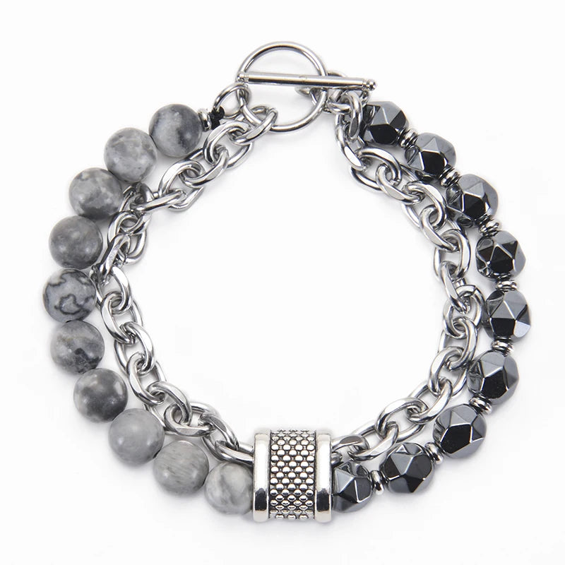 Double Layer Stone Beads Bracelet Men Map Stone Stainless Steel Chain Hematite
