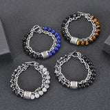 Double Layer Stone Beads Bracelet Men Map Stone Stainless Steel Chain Hematite