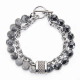 Double Layer Stone Beads Bracelet Men Map Stone Stainless Steel Chain Hematite