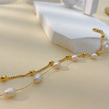 Double Layer Pearl Stainless Steel Bead Link Bracelet for Women Girl
