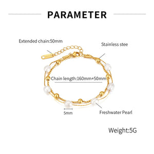 Double Layer Pearl Stainless Steel Bead Link Bracelet for Women Girl
