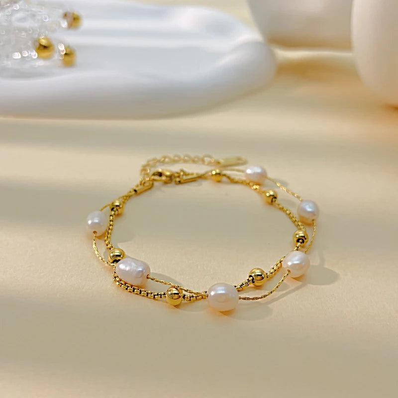 Double Layer Pearl Stainless Steel Bead Link Bracelet for Women Girl