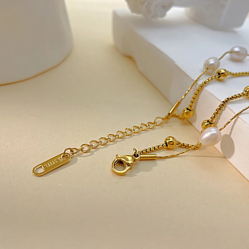 Double Layer Pearl Stainless Steel Bead Link Bracelet for Women Girl