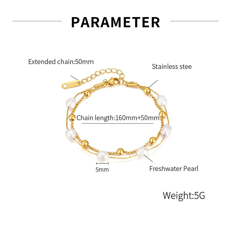 Double Layer Pearl Stainless Steel Bead Link Bracelet for Women Girl