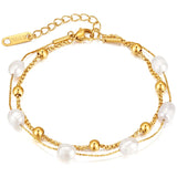 Double Layer Pearl Stainless Steel Bead Link Bracelet for Women Girl