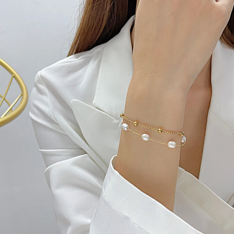 Double Layer Pearl Stainless Steel Bead Link Bracelet for Women Girl