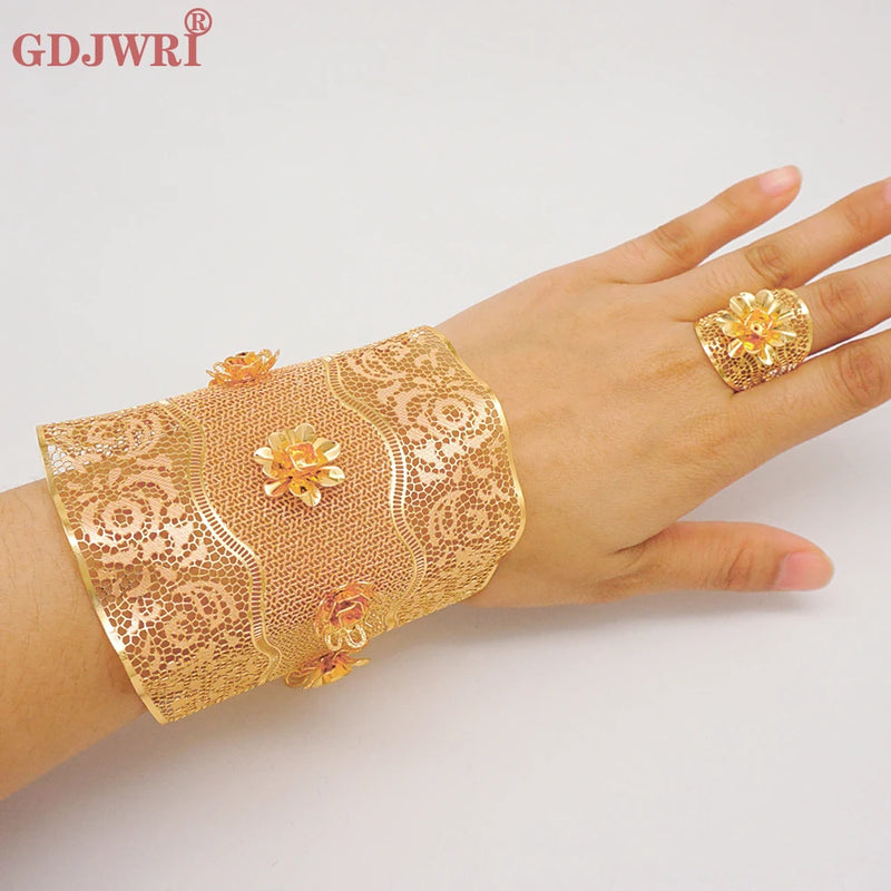 Dubai Adjustable Chain Bangle & Ring For Women Indian Flower Bracelet Jewellery