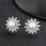 925 Sterling Silver Pearl Stud Earrings Flower Design Gift