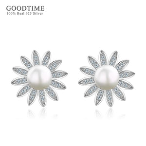 925 Sterling Silver Pearl Stud Earrings Flower Design Gift