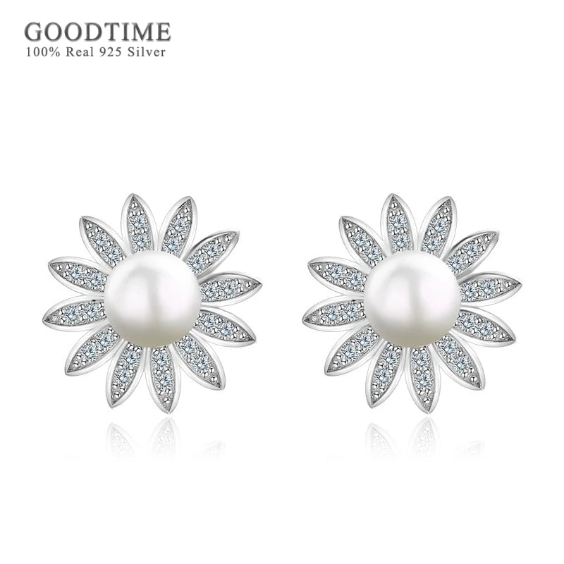 925 Sterling Silver Pearl Stud Earrings Flower Design Gift