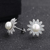 925 Sterling Silver Pearl Stud Earrings Flower Design Gift
