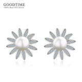 925 Sterling Silver Pearl Stud Earrings Flower Design Gift
