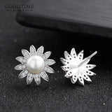 925 Sterling Silver Pearl Stud Earrings Flower Design Gift