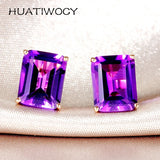 925 Silver Rectangle Amethyst Gemstone Stud Earrings Women Wedding Party Gift