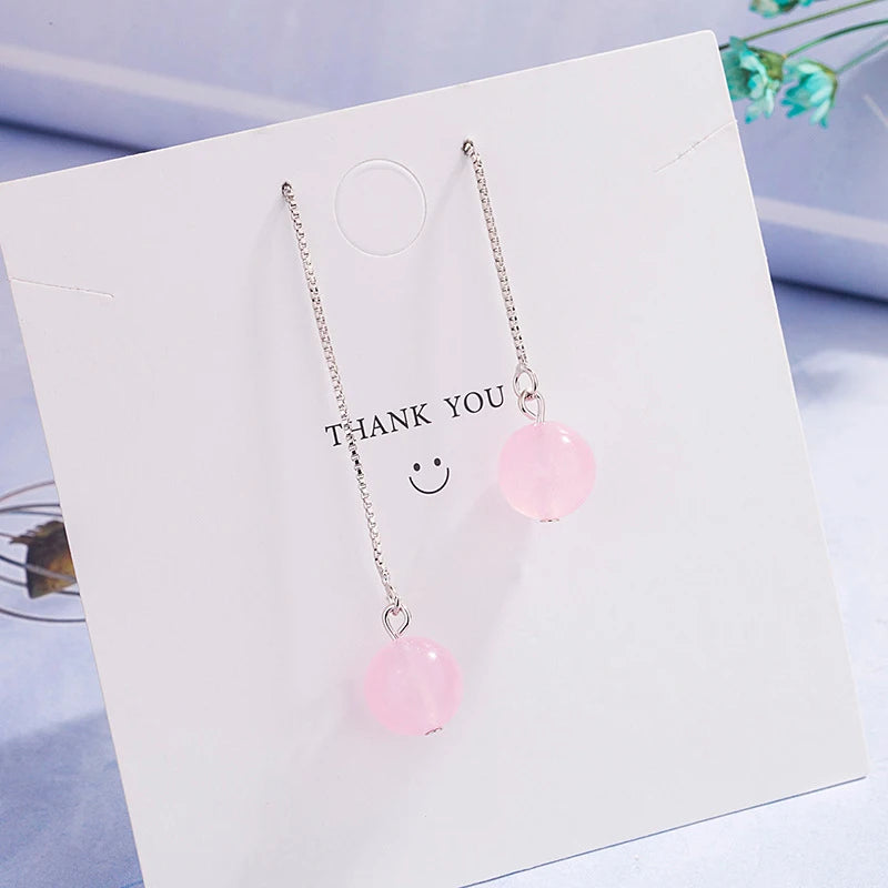 925 Silver Rose Quartz Long Drop Earrings Wedding