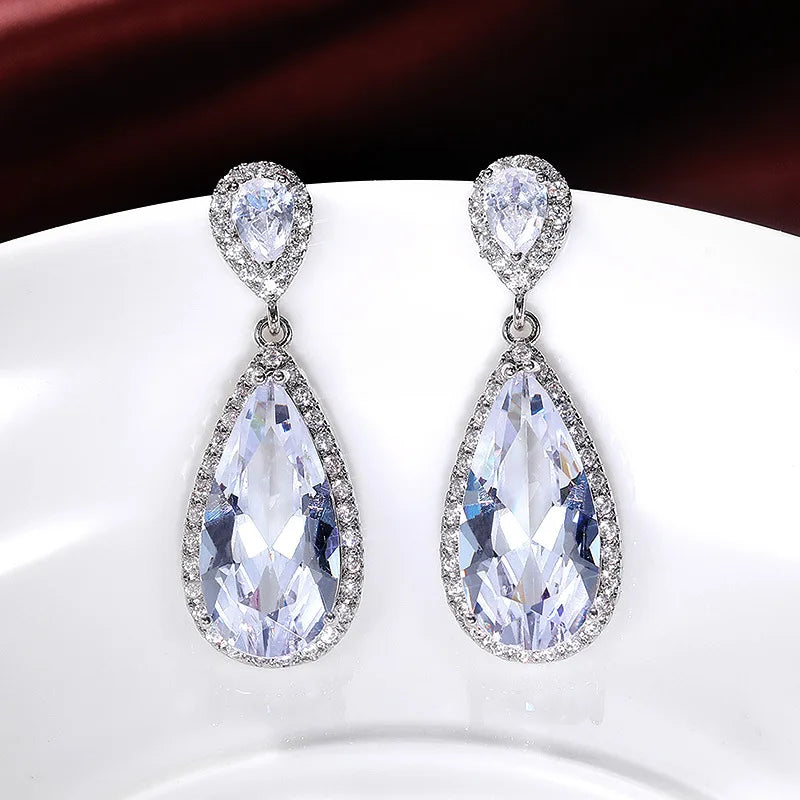 Water Drop Zircon Gemstone Earrings 925 Silver Wedding Party Gift