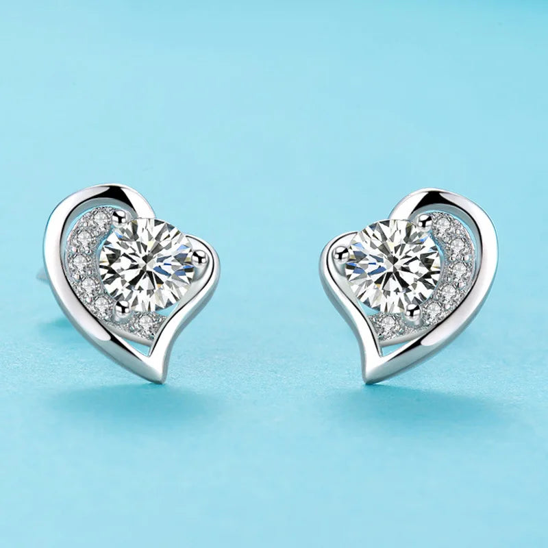 925 Silver Heart Shape Stud Earrings Zircon Gemstone Wedding Engagement Party Gi