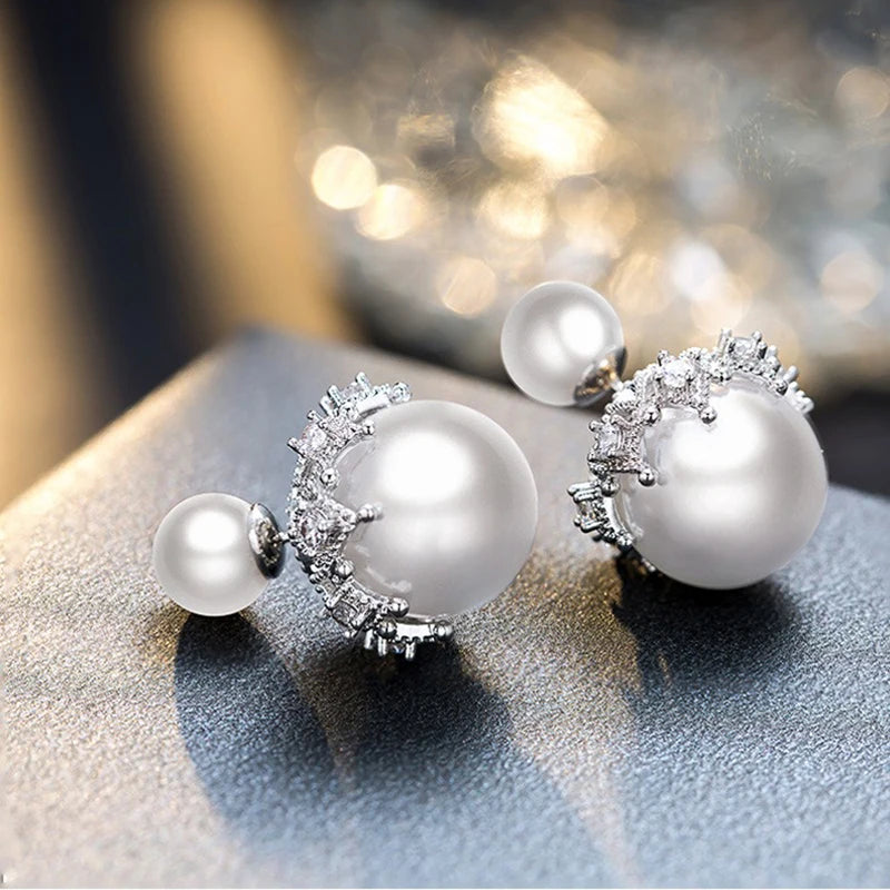 Double Sides Pearl Stud Earring Two Ball Crystal Statement Earrings