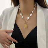 Pearl Chain Coin Pendant Necklace Women Girls Metal Jewelry