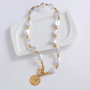 Pearl Chain Coin Pendant Necklace Women Girls Metal Jewelry