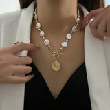 Pearl Chain Coin Pendant Necklace Women Girls Metal Jewelry
