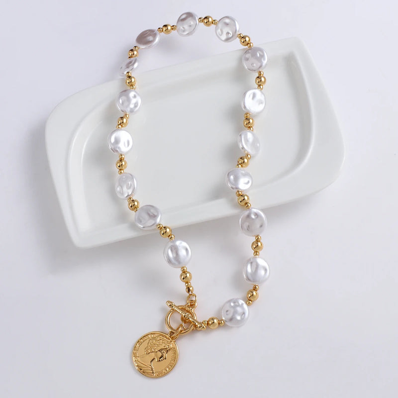 Pearl Chain Coin Pendant Necklace Women Girls Metal Jewelry