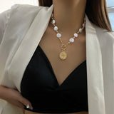 Pearl Chain Coin Pendant Necklace Women Girls Metal Jewelry