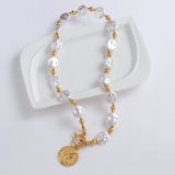 Pearl Chain Coin Pendant Necklace Women Girls Metal Jewelry