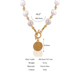 Pearl Chain Coin Pendant Necklace Women Girls Metal Jewelry