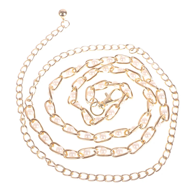 Metal Thin Waist Chain Belt Pearl Decorative Dress Accessories