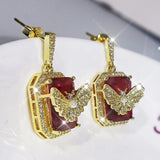 Ruby Butterfly Earrings Crystal Zircon Flower Wedding Jewelry
