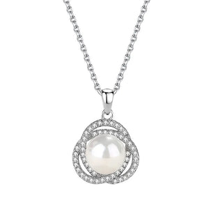 Plated 925 Sterling Silver Zircon Flower Shell Pearl Necklace