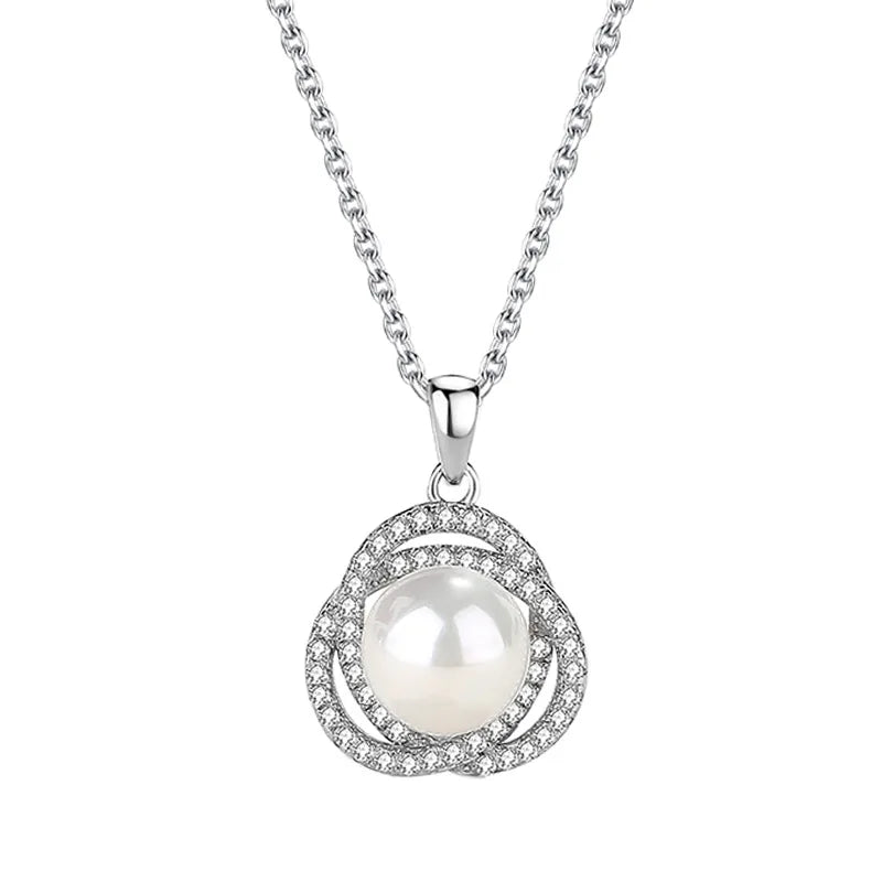 Plated 925 Sterling Silver Zircon Flower Shell Pearl Necklace