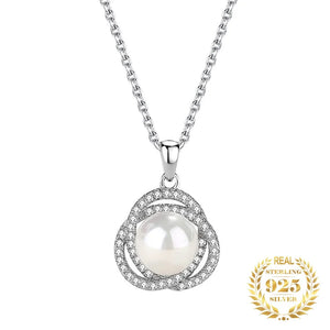 Plated 925 Sterling Silver Zircon Flower Shell Pearl Necklace