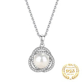 Plated 925 Sterling Silver Zircon Flower Shell Pearl Necklace