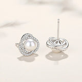Plated 925 Sterling Silver Zircon Flower Shell Pearl Necklace