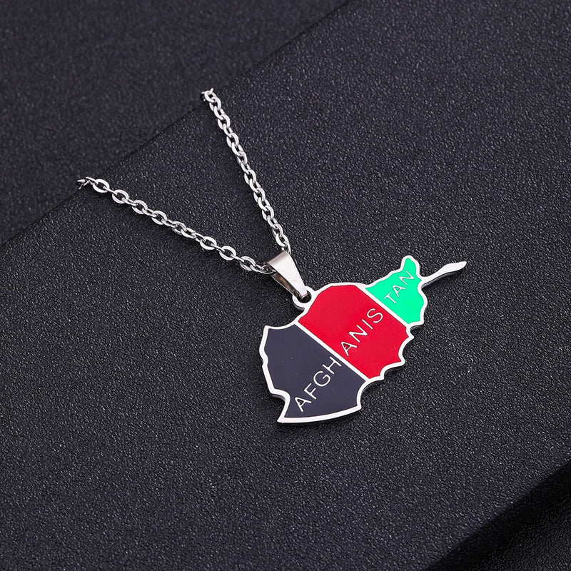 Enamel Afghanistan Map Flag Pendant Necklaces Afghan Stainless Steel Jewelry