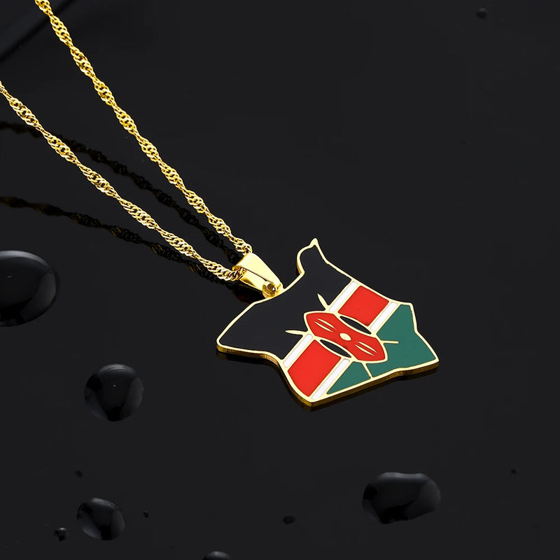 Enamel Drop Kenya Map Flag Pendant Necklace Stainless Steel Kenyan Charm Jewelry