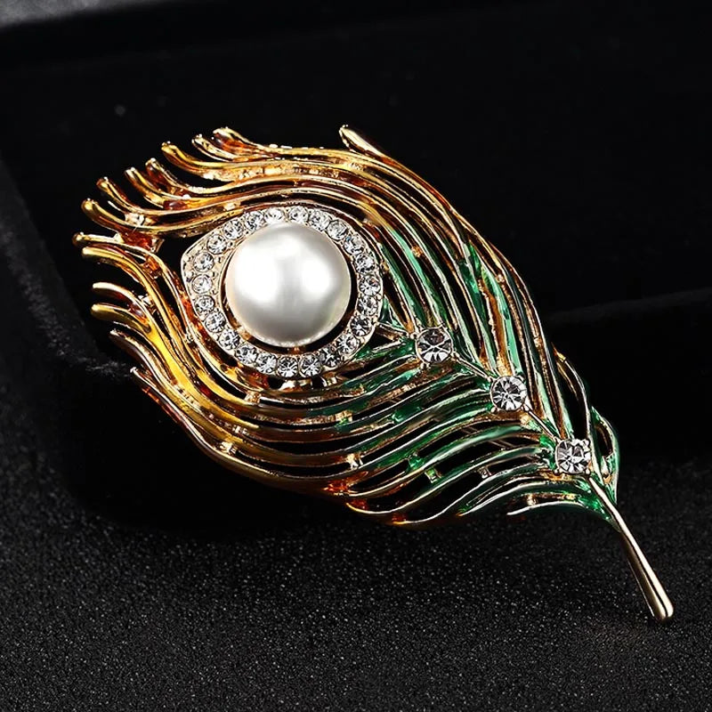 Enamel Feather Brooch Crystal Pin Pearl Hijab Accessories Men Women