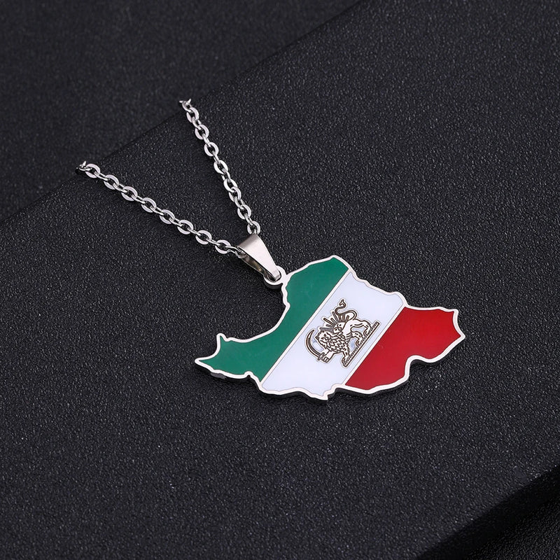 Iran Map Flag Pendant Necklaces Stainless Steel Jewelry for Women Men