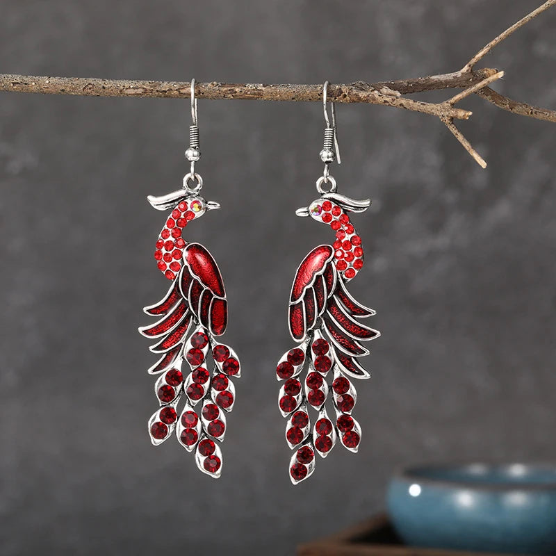 Ethnic Enamel Crystal Peacock Earrings Bohemian Vintage Drop Earrings