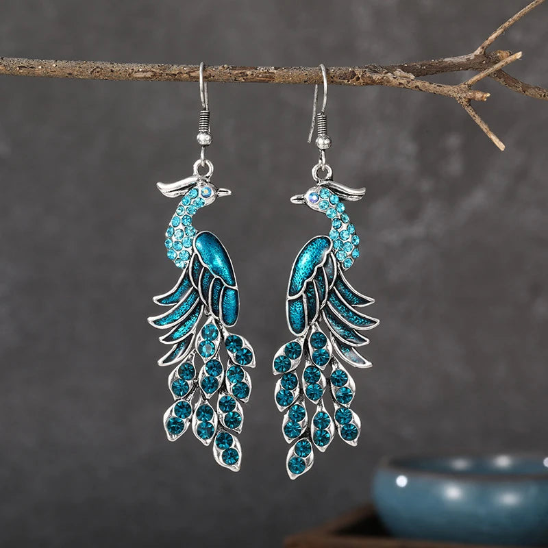 Ethnic Enamel Crystal Peacock Earrings Bohemian Vintage Drop Earrings