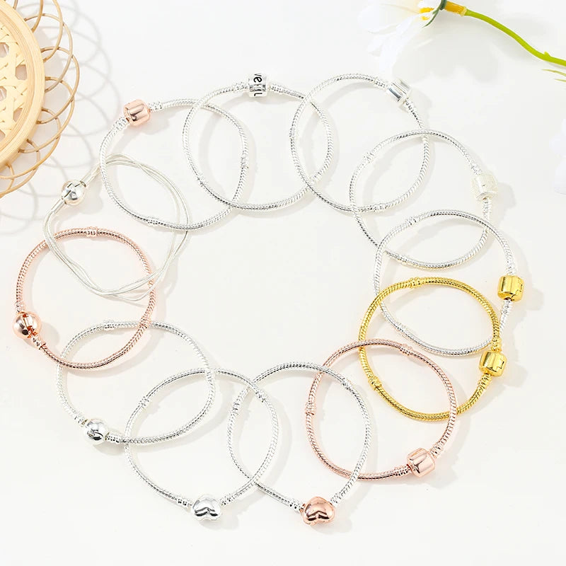 European Pan Charms Bracelet For Women Rose Silver Base Snake Chain Bangles