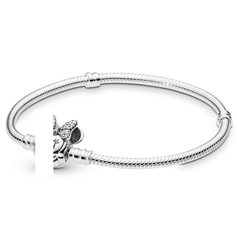 European Pan Charms Bracelet For Women Rose Silver Base Snake Chain Bangles