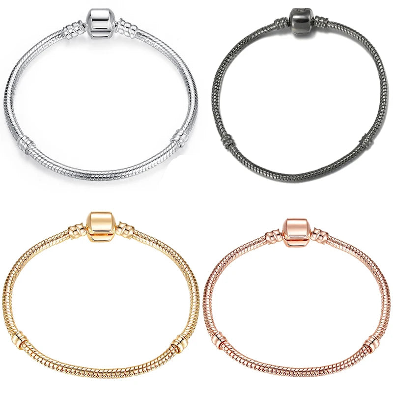 European Pan Charms Bracelet For Women Rose Silver Base Snake Chain Bangles