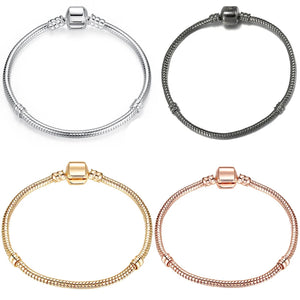 European Pan Charms Bracelet For Women Rose Silver Base Snake Chain Bangles