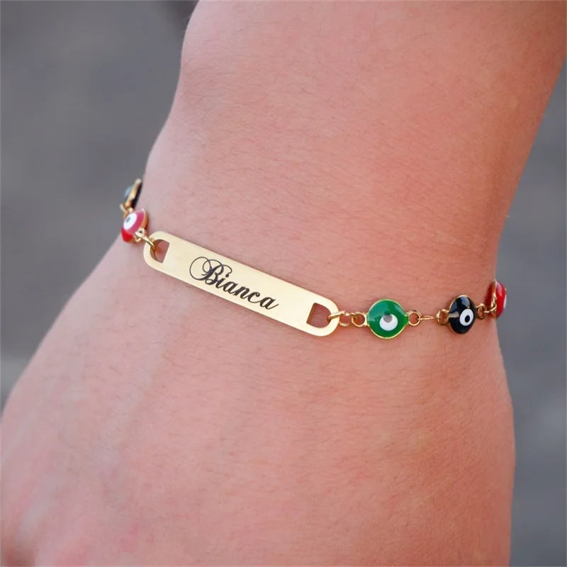 Personalized Evil Eye Engraved Name Bracelet for Women