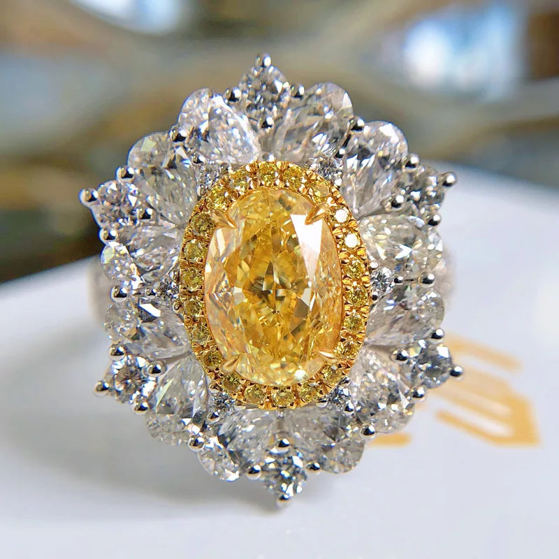 Exaggerated Silver Resizable Egg CZ Yellow Wedding Ring Retro Jewelry