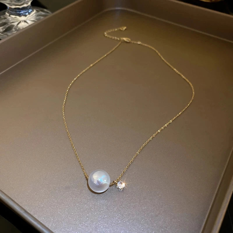 Geometric Pearl Pendant Necklace 14K Plated Zircon Women Jewelry